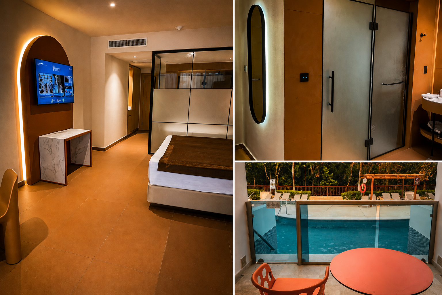 Collage of the renovated Family Club swim-out room at Grand Riviera Princess in Riviera Maya, featuring the modern bedroom, spacious bathroom with walk-in shower, and private swim-out terrace overlooking the pool.